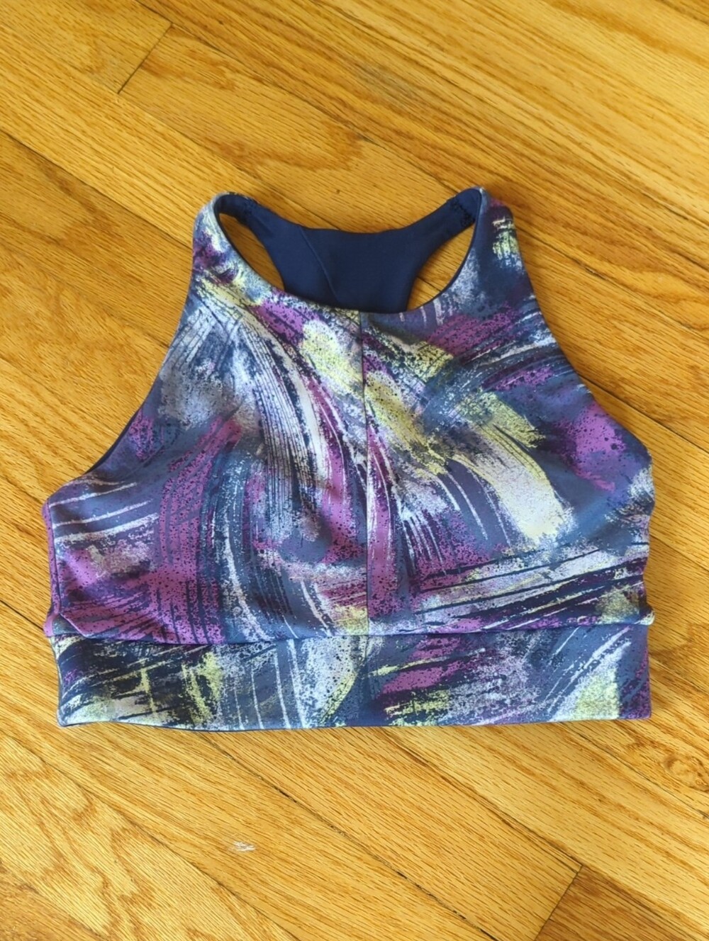 Athleta High-Neck Sports Bra in Purple, Navy & Yellow Brushprint - Picture 1 of 3